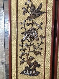 VGT Asian Chinese Carved Relief Wood Panel Birds of Paradise Flowers 35.5x12 In