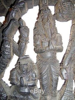VINTAGE HAND CARVED WOOD HINDU EPIC WALL HANGING RARE PANEL INDIA 9 x 38
