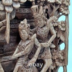 VIntage Asian Beautiful Hand Carved Wood Folk Art Wall Panel Decor. Pre-owned