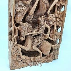 VIntage Asian Beautiful Hand Carved Wood Folk Art Wall Panel Decor. Pre-owned