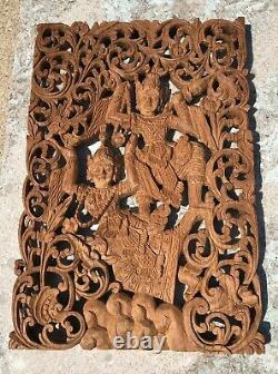 VIntage Bali Balinese Dancers Boho Hand Carved Wood Teak Folk Art Wall Panel