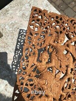 VIntage Bali Balinese Dancers Boho Hand Carved Wood Teak Folk Art Wall Panel