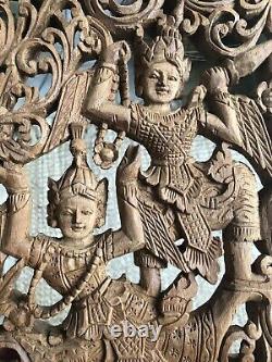 VIntage Bali Balinese Dancers Boho Hand Carved Wood Teak Folk Art Wall Panel