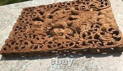 VIntage Bali Balinese Dancers Boho Hand Carved Wood Teak Folk Art Wall Panel