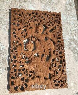 VIntage Bali Balinese Dancers Boho Hand Carved Wood Teak Folk Art Wall Panel