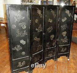 VTG 1930s ASIAN BIRDS&FLOWERS 4 PANEL 36 STANDING SCREEN CARVED LACQUER WOOD