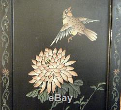 VTG 1930s ASIAN BIRDS&FLOWERS 4 PANEL 36 STANDING SCREEN CARVED LACQUER WOOD