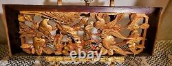 VTG ANTIQUE ASIAN WALL PANEL. WOOD GOLD GILT HAND CARVED 3 D BIRD With FLOWERS 15