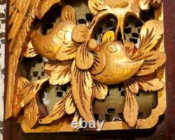 VTG ANTIQUE ASIAN WALL PANEL. WOOD GOLD GILT HAND CARVED 3 D BIRD With FLOWERS 15