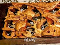 VTG ANTIQUE ASIAN WALL PANEL. WOOD GOLD GILT HAND CARVED 3 D BIRD With FLOWERS 15