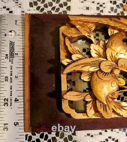 VTG ANTIQUE ASIAN WALL PANEL. WOOD GOLD GILT HAND CARVED 3 D BIRD With FLOWERS 15