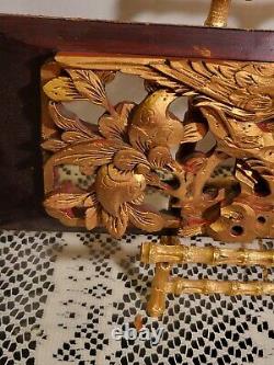 VTG ANTIQUE ASIAN WALL PANEL. WOOD GOLD GILT HAND CARVED 3 D BIRD With FLOWERS 15