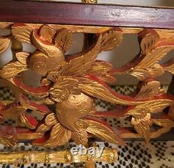 VTG ANTIQUE ASIAN WALL PANEL. WOOD GOLD GILT HAND CARVED 3 D BIRD With FLOWERS 15