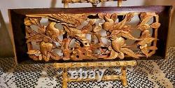 VTG ANTIQUE ASIAN WALL PANEL. WOOD GOLD GILT HAND CARVED 3 D BIRD With FLOWERS 15