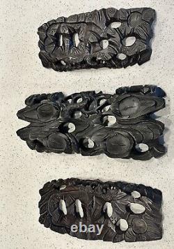 VTG Asian Carved WOOD WALL ART PANEL FLORAL Serpent Signed Numbered Set Of 3