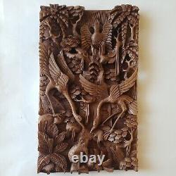 VTG Balinese Hand Carving Wood Panel Wall Hanging Art Decor Birds Frog Sculpture