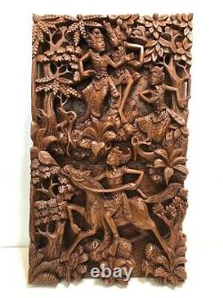 VTG Balinese Indonesian Art Hand Carved Wood Relief Wall Panel, 11 1/4 x 20
