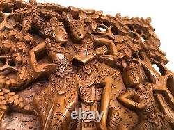 VTG Balinese Indonesian Art Hand Carved Wood Relief Wall Panel, 11 1/4 x 20