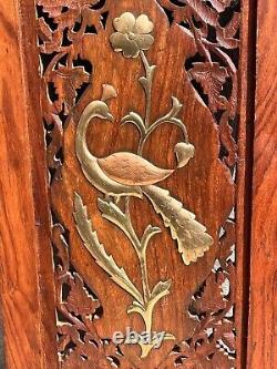 VTG Hand Carved Wood Panel Inlaid Brass Peacock Floral Wall Art Plaque 20x10.5