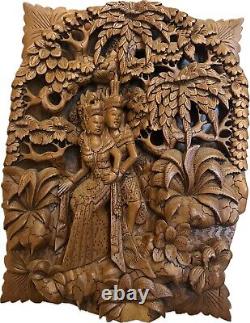 VTG Indonesian Balinese Hand Carved Wood Bali Forest Rama & Sita Panel 15.25