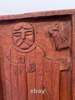 VTG MEXICAN HAND CARVED SAINT RELIEF WOOD WALL PLAQUE PANEL FOLK ART St. Francis