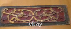 Very Early Antique Chinese Hand Carved Gilt Wood Panel Scholar Art 3D Dragons