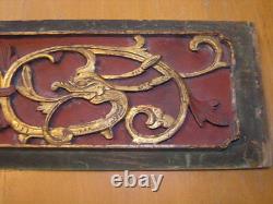 Very Early Antique Chinese Hand Carved Gilt Wood Panel Scholar Art 3D Dragons