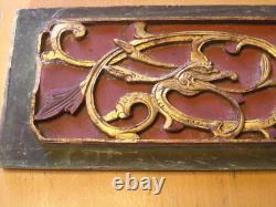 Very Early Antique Chinese Hand Carved Gilt Wood Panel Scholar Art 3D Dragons