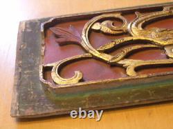 Very Early Antique Chinese Hand Carved Gilt Wood Panel Scholar Art 3D Dragons