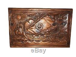 Very Rare Vntg Antique Hand Carved Wood Viking Nors Ship Panel Wall Carving