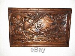 Very Rare Vntg Antique Hand Carved Wood Viking Nors Ship Panel Wall Carving