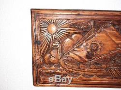 Very Rare Vntg Antique Hand Carved Wood Viking Nors Ship Panel Wall Carving