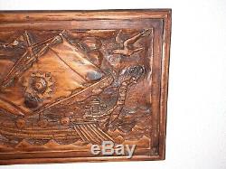 Very Rare Vntg Antique Hand Carved Wood Viking Nors Ship Panel Wall Carving