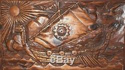 Very Rare Vntg Antique Hand Carved Wood Viking Nors Ship Panel Wall Carving