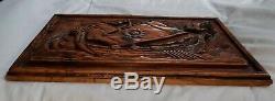 Very Rare Vntg Antique Hand Carved Wood Viking Nors Ship Panel Wall Carving