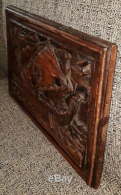 Very Rare Vntg Antique Hand Carved Wood Viking Nors Ship Panel Wall Carving