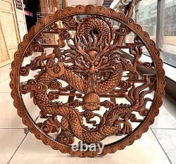 Very big CHINA HAND WORK OLD WOOD CARVED DRAGON statue WALL PANEL 78cm fengshui