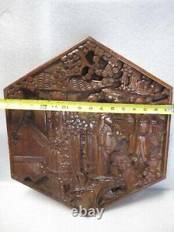 Vintage 1890s Wooden Hand Carved Wood Panel Oriental Wall Plaque 15.5x18in