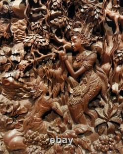 Vintage 1950 Exceptional Finest Mythical Balinese Carved Wooden Panel Plaque