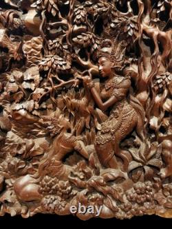 Vintage 1950 Exceptional Finest Mythical Balinese Carved Wooden Panel Plaque