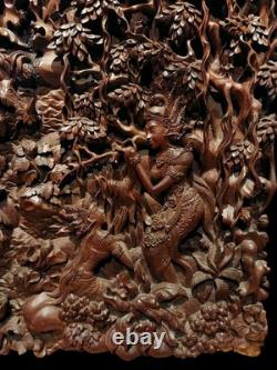Vintage 1950 Exceptional Finest Mythical Balinese Carved Wooden Panel Plaque