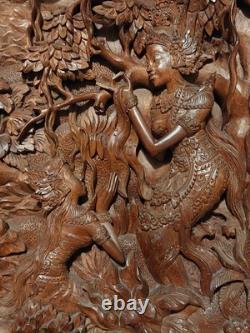 Vintage 1950 Exceptional Finest Mythical Balinese Carved Wooden Panel Plaque
