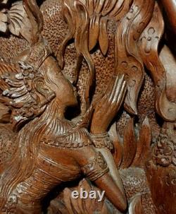 Vintage 1950 Exceptional Finest Mythical Balinese Carved Wooden Panel Plaque