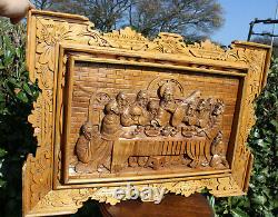 Vintage 1950 Wood carved italian 1960 LAst supper relief wall panel religious