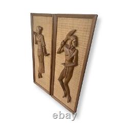 Vintage 1960s MCM Polynesian Tribal Carved Wood Wall Art Panels 11.5 x 28.75