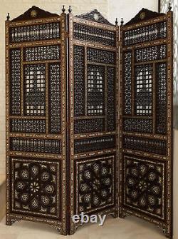 Vintage 2 Sided Carved Wood Latticework Mashrabiya Screen, Room Divider, 3 Panels