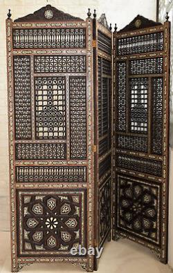 Vintage 2 Sided Carved Wood Latticework Mashrabiya Screen, Room Divider, 3 Panels