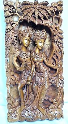 Vintage 3D Balinese Carved Wood Sculpture Wall Panel Rama & Sita-Ramayana Saga