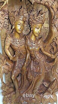 Vintage 3D Balinese Carved Wood Sculpture Wall Panel Rama & Sita-Ramayana Saga