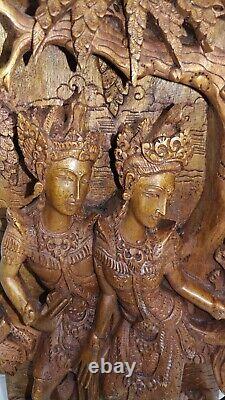 Vintage 3D Balinese Carved Wood Sculpture Wall Panel Rama & Sita-Ramayana Saga